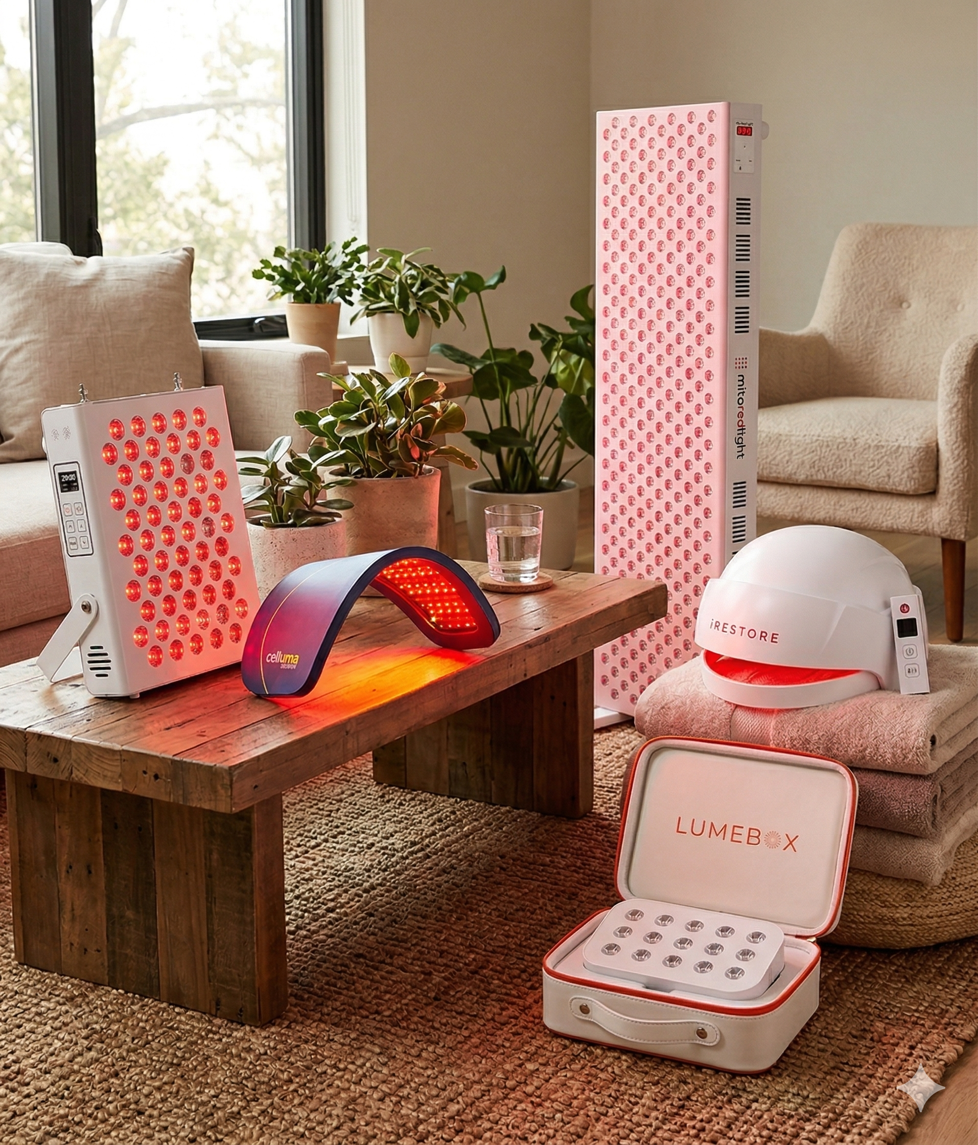 Various red light therapy devices in a living room.