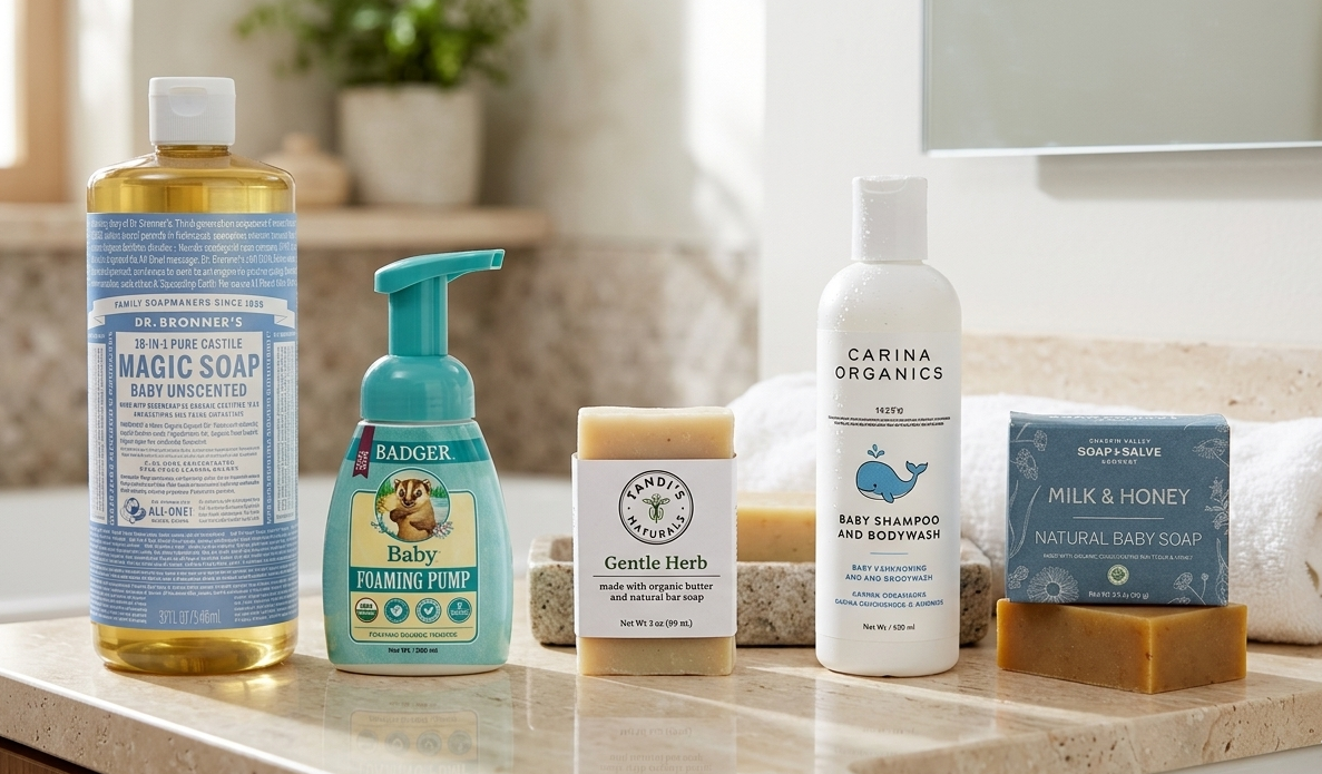 Five baby bath products—Dr. Bronner’s, Badger, Tandi's Naturals, Carina Organics, and Chagrin Valley—arranged on a marble bathroom vanity.