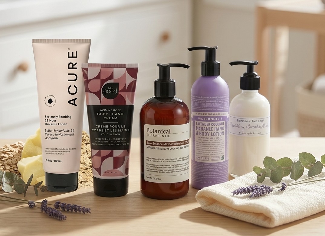 too long  A selection of non-toxic baby lotions, featuring brands like Earth Mama and Pipette, displayed on a wooden surface in a bright, natural setting.