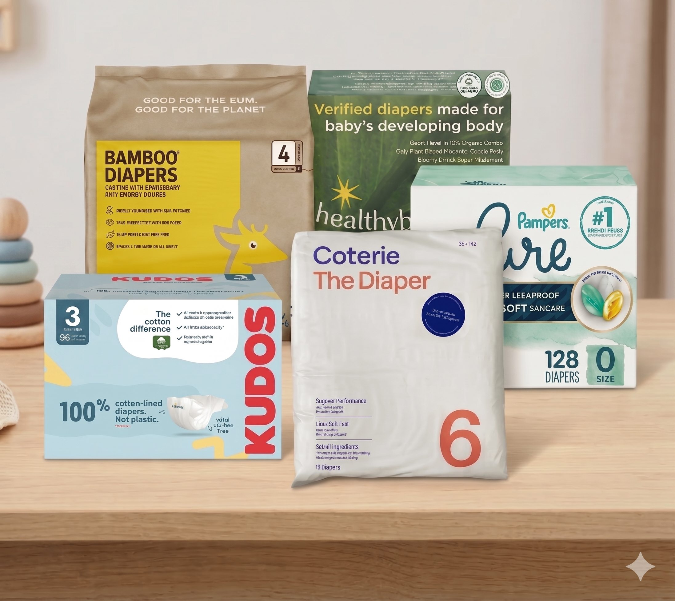 An eye-level product photograph of five different baby diaper packages arranged on a light wooden surface in a clean room, likely a nursery. In the background, there is a blurred stacked wooden ring toy.