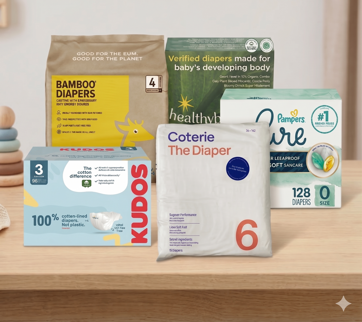 An eye-level product photograph of five different baby diaper packages arranged on a light wooden surface in a clean room, likely a nursery. In the background, there is a blurred stacked wooden ring toy.