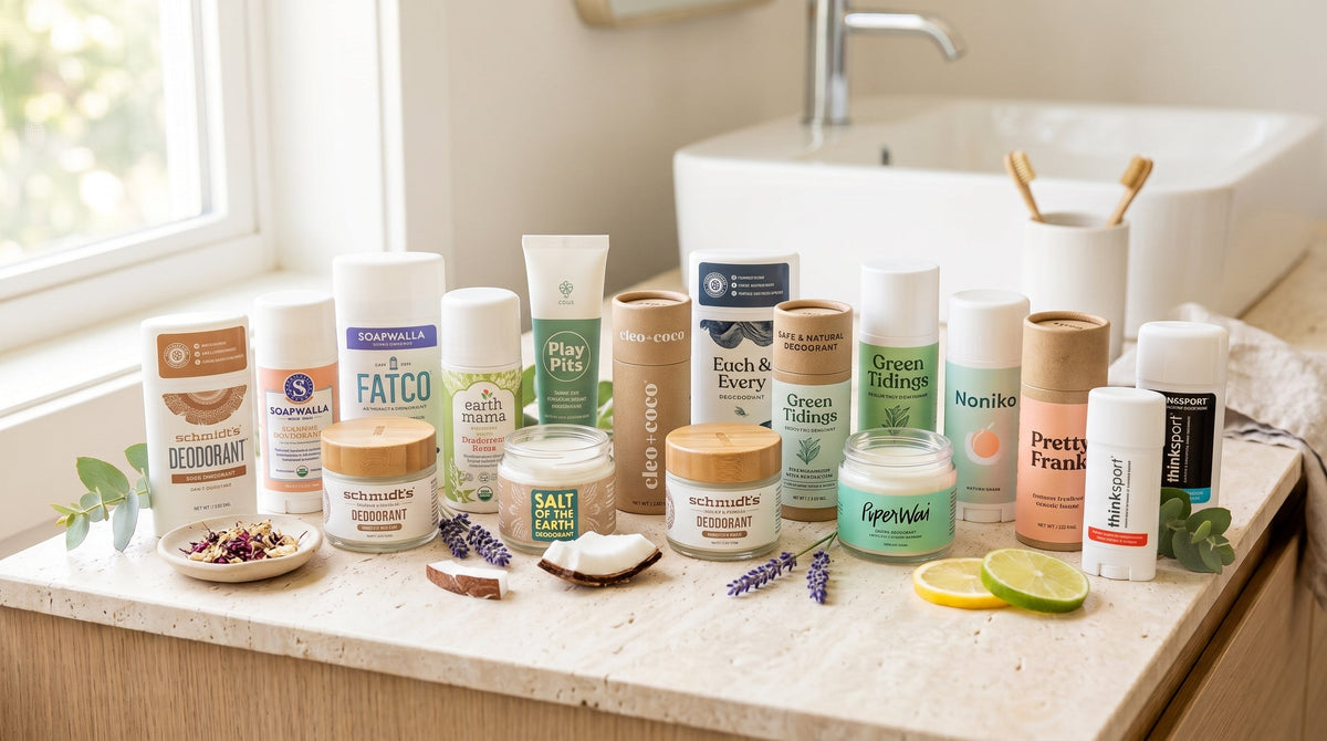 Assortment of non-toxic and natural deodorants, including brands like Schmidt's and Soapwalla, neatly arranged on a clean, sunlit surface for a product review guide. Minimal botanicals are used for context.