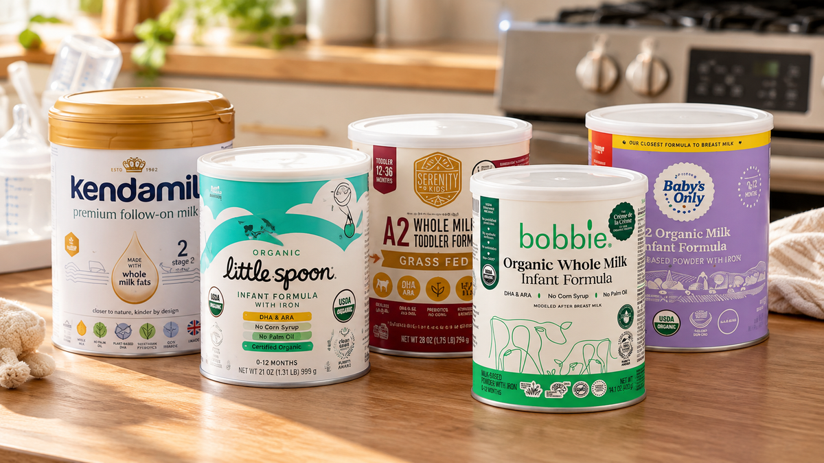  Baby formula cans from Kendamil, Little Spoon, Serenity Kids, Baby’s Only, and Bobbie.