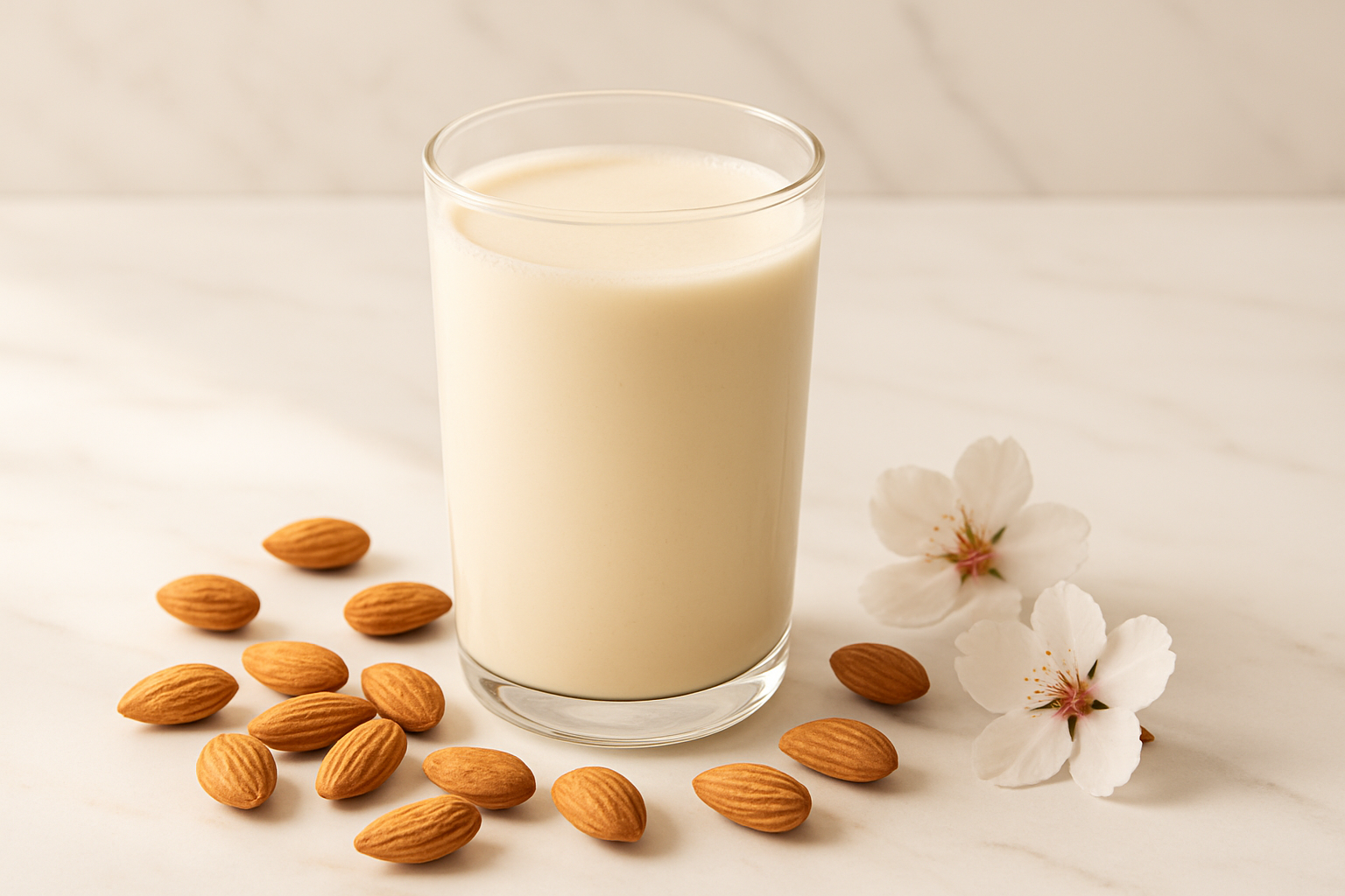 A glass of fresh almond milk surrounded by almonds.