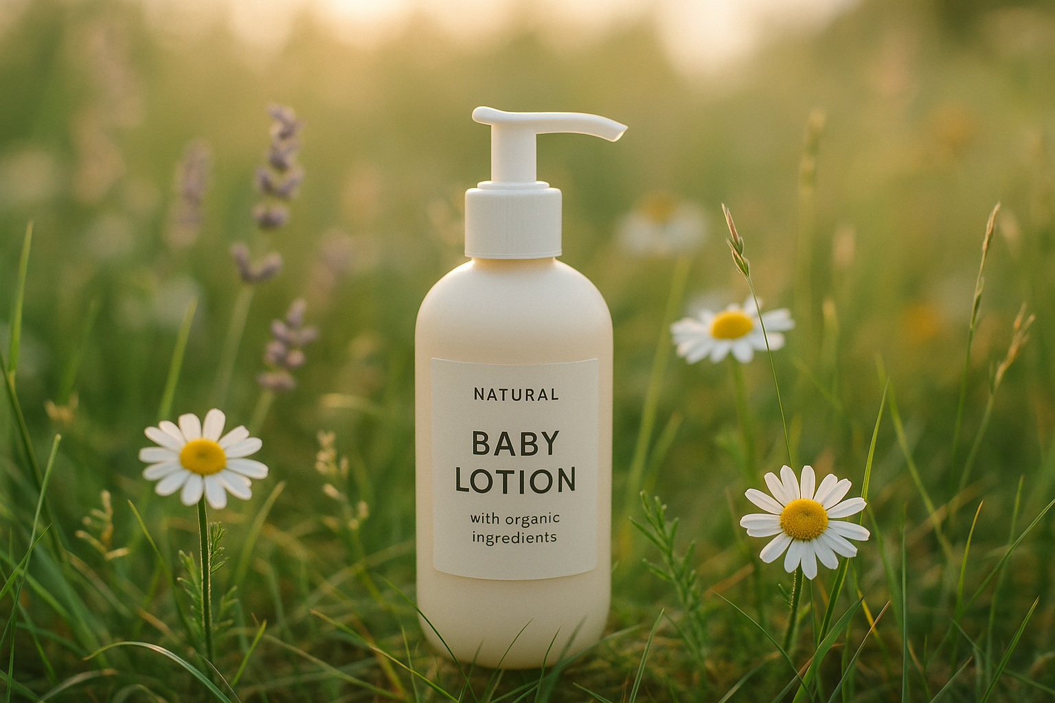 Natural baby lotion bottle with pump, labeled 'with organic ingredients,' placed among grass and daisies in a sunlit field.