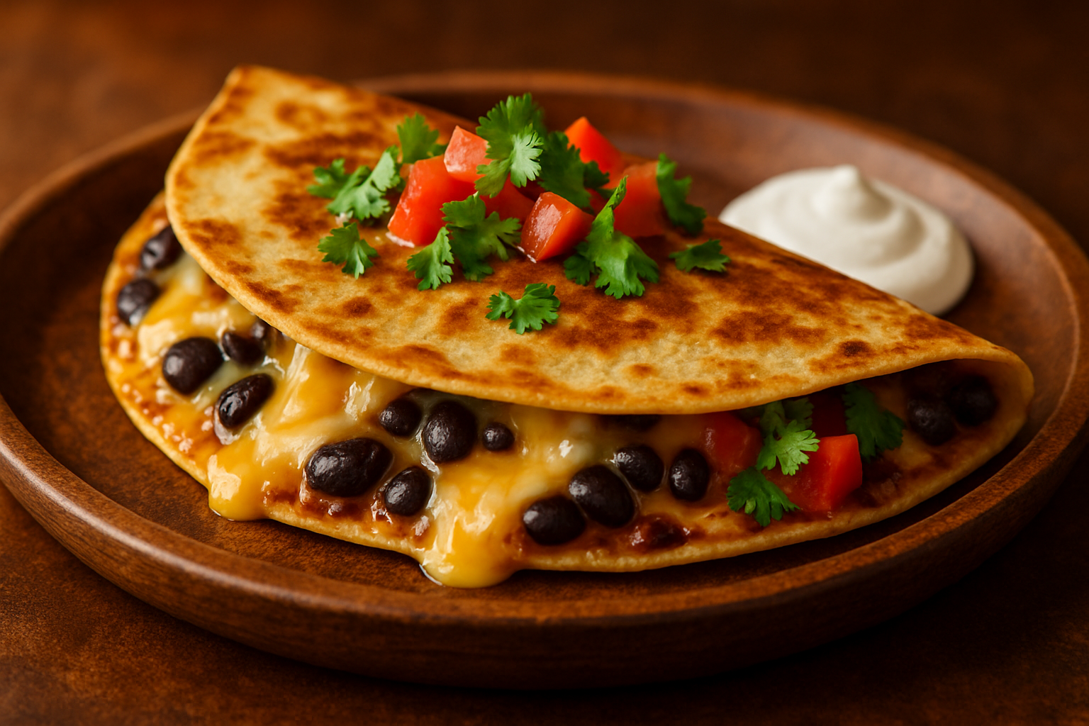 A warm bean and cheese quesadilla on a brown plate