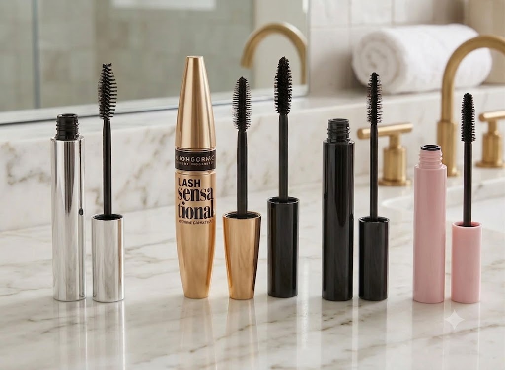 Five mascaras, wands, and tubes on a marble bathroom counter.