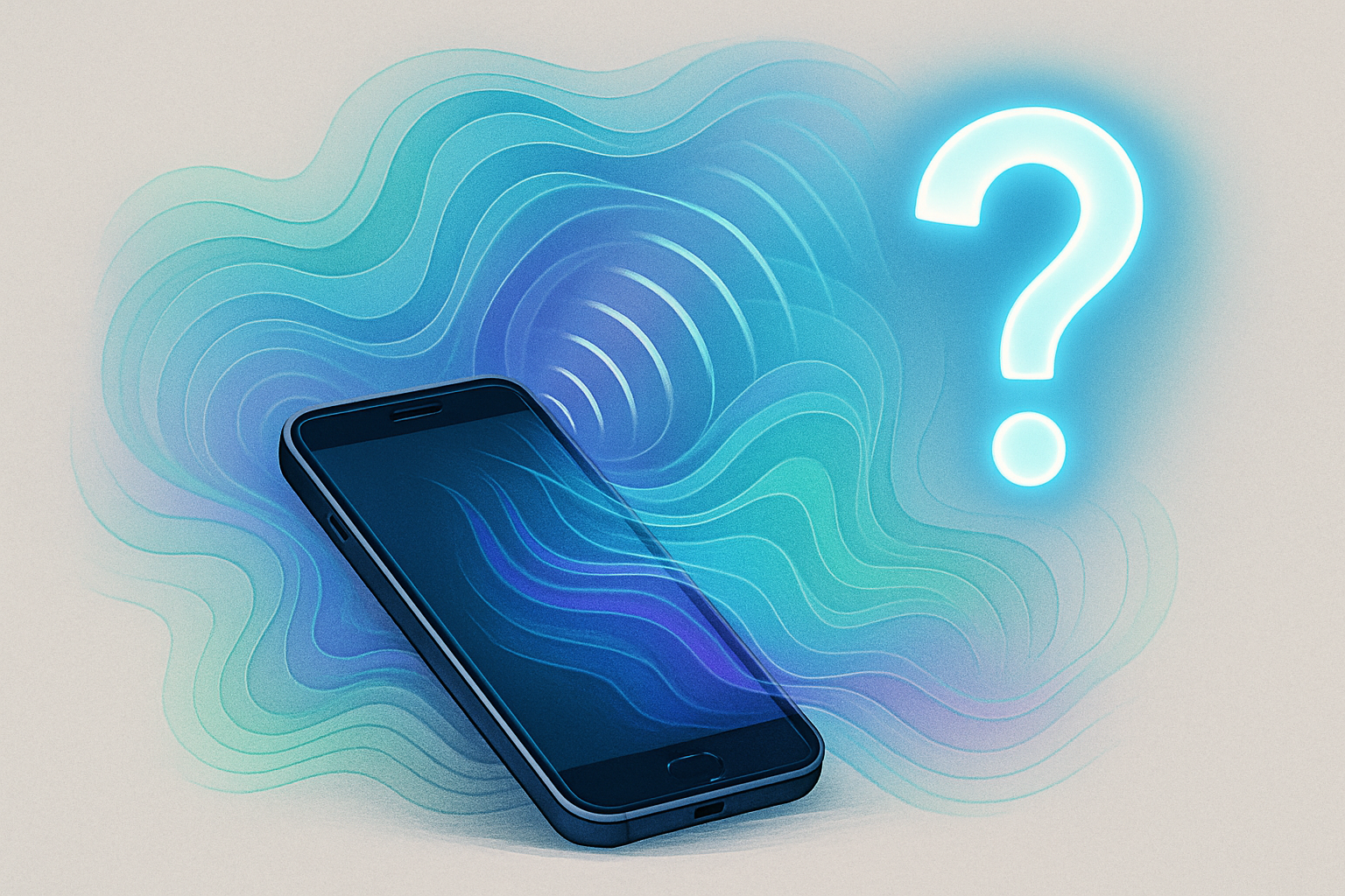 Illustration of a smartphone emitting colorful wave patterns with a large glowing question mark, symbolizing wireless signal or connectivity uncertainty.
