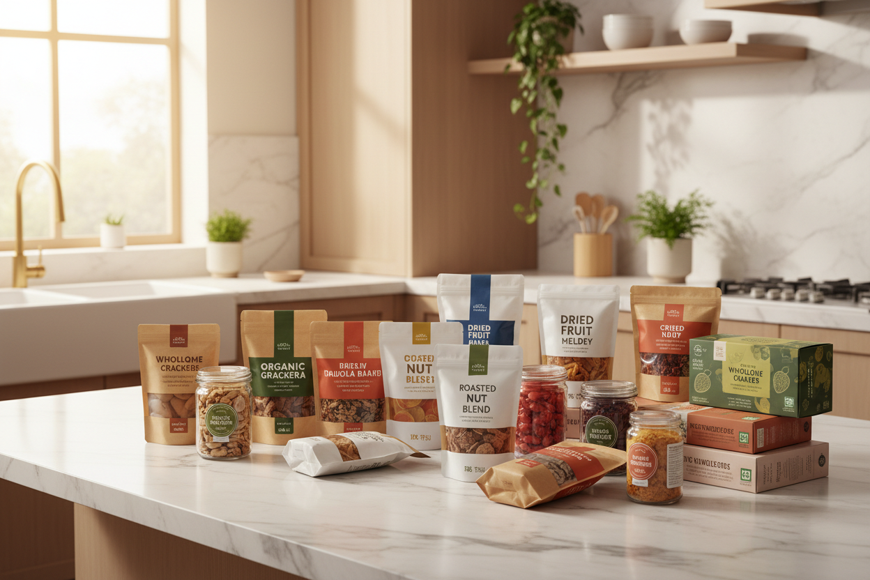 A collection of healthy packaged snack foods on a kitchen counter.