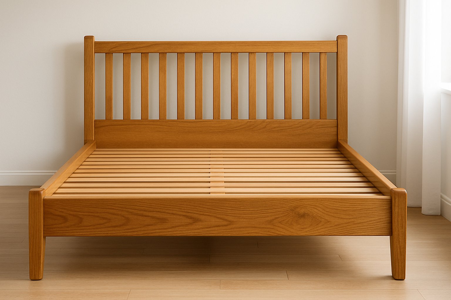 Wooden non-toxic bed frame with simple slatted headboard against a neutral wall.