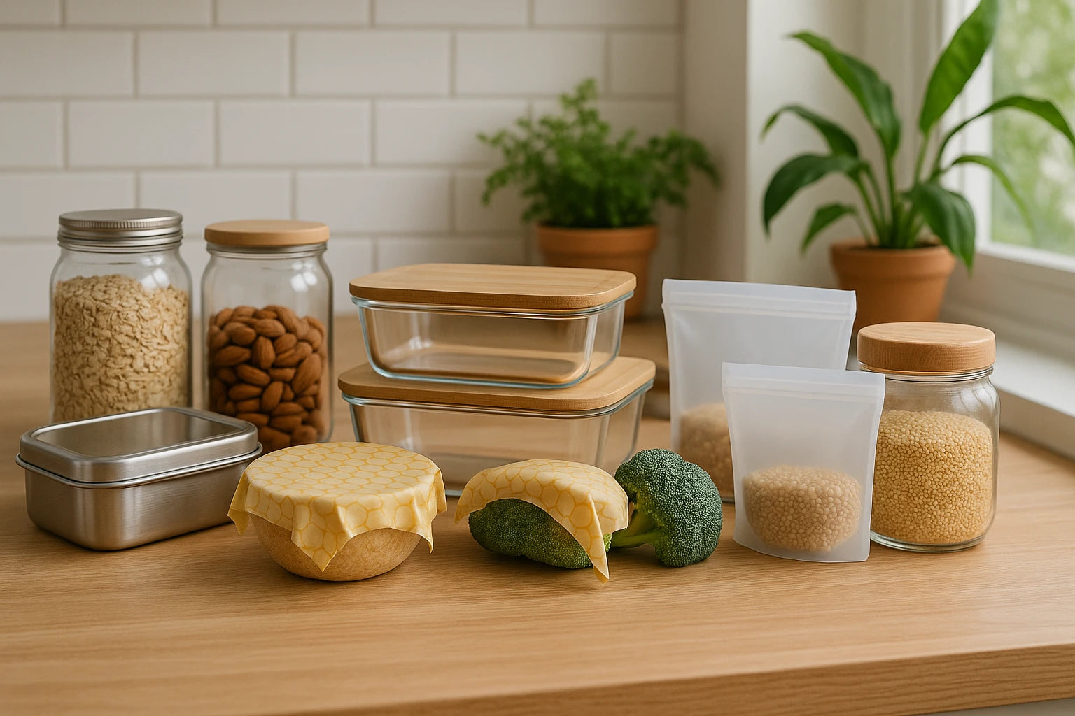 Reusable food storage containers, glass jars, and beeswax wraps with nuts, grains, and produce on a kitchen counter.