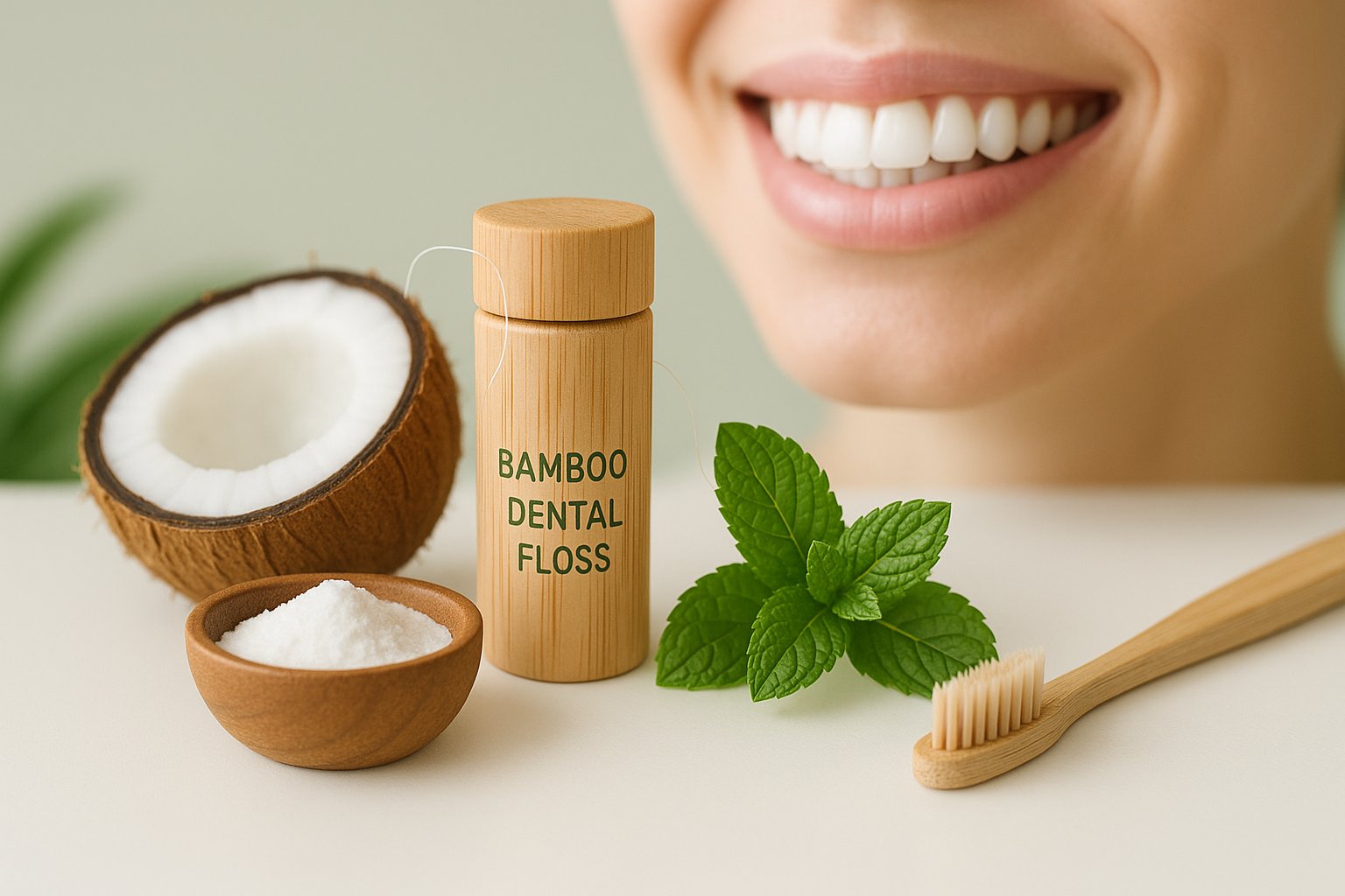 Eco-friendly bamboo dental floss container with coconut and mint leaves beside a smiling person, promoting sustainable oral care.