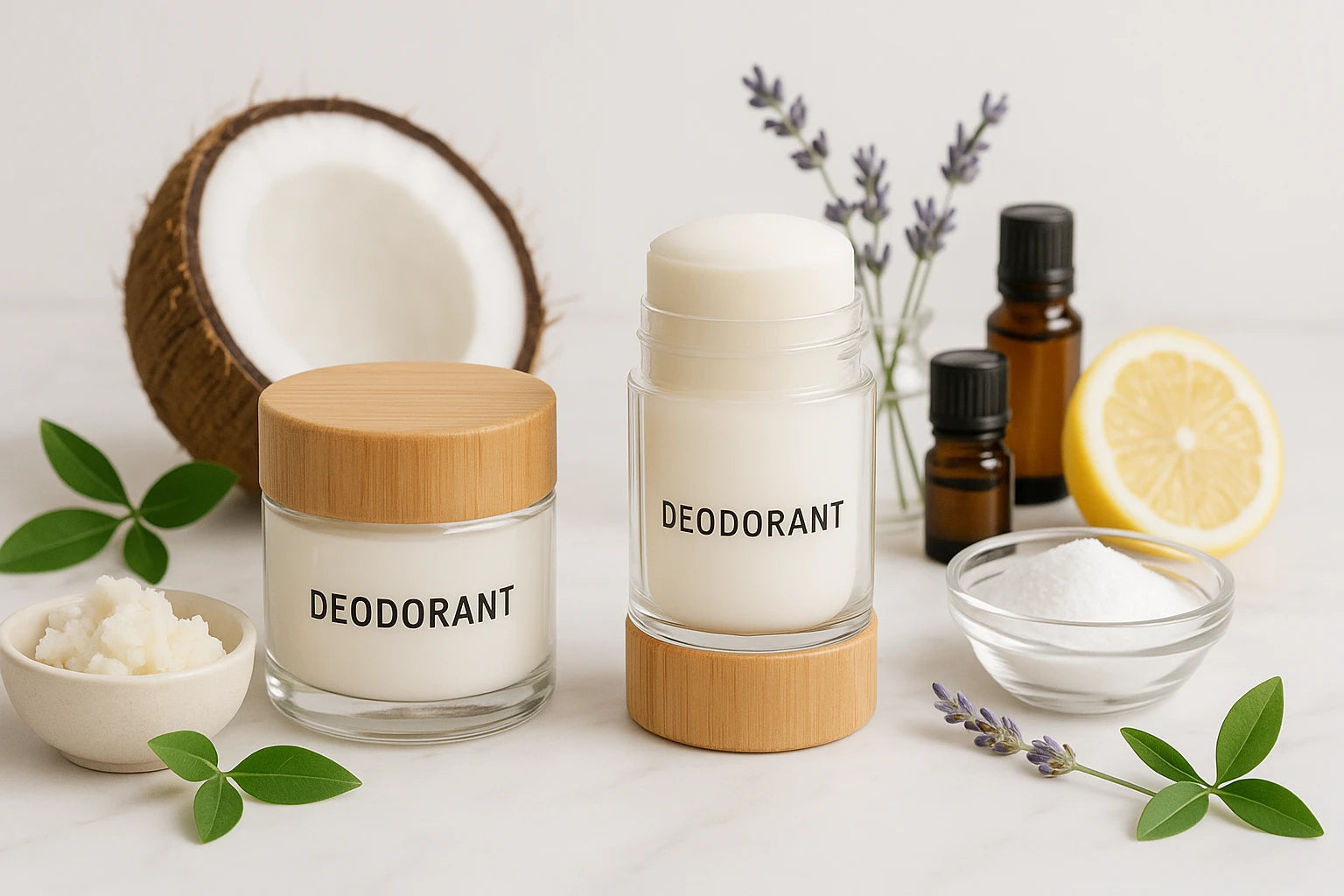 Natural deodorant containers with coconut, lemon, lavender, and essential oils on a white surface.