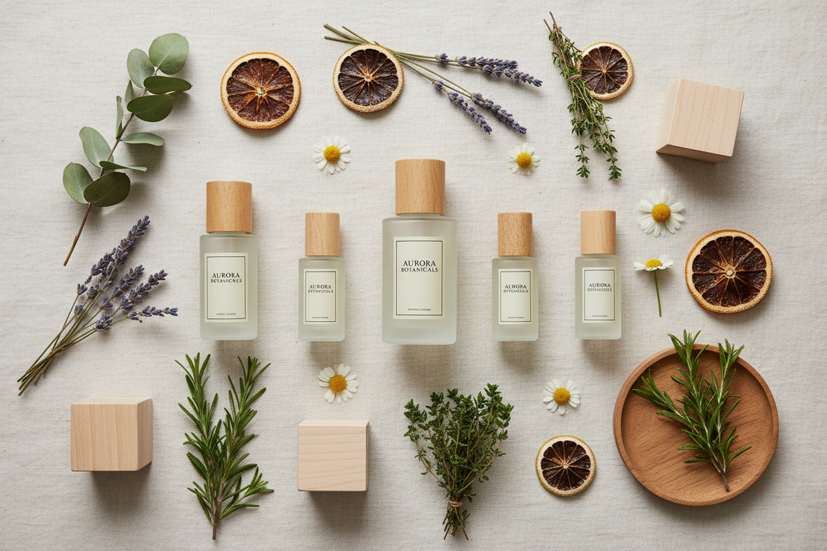 a collection of non toxic and natural perfume products on a white tablecloth.