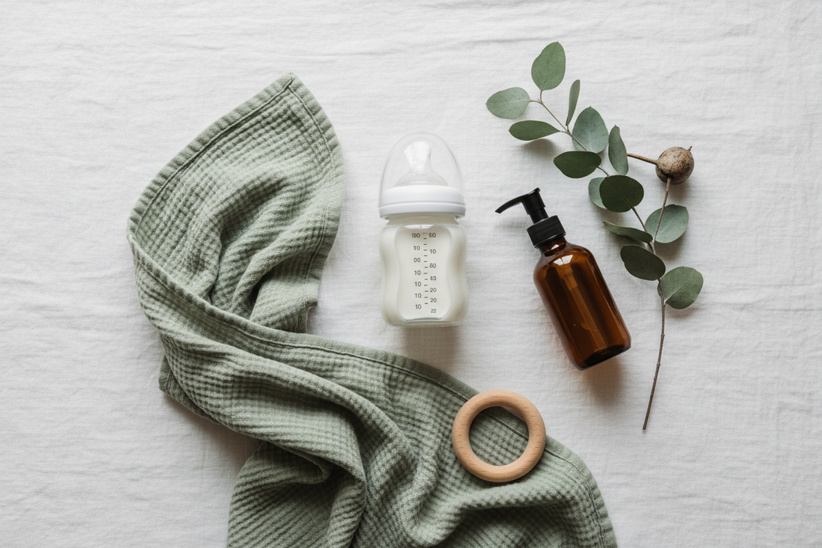 Several natural and non toxic pregnancy and baby products sitting on a white sheet.