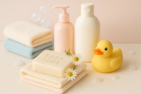 Baby bath essentials with folded towels, baby soap, lotion bottles, and a yellow rubber duck on a white surface with bubbles.