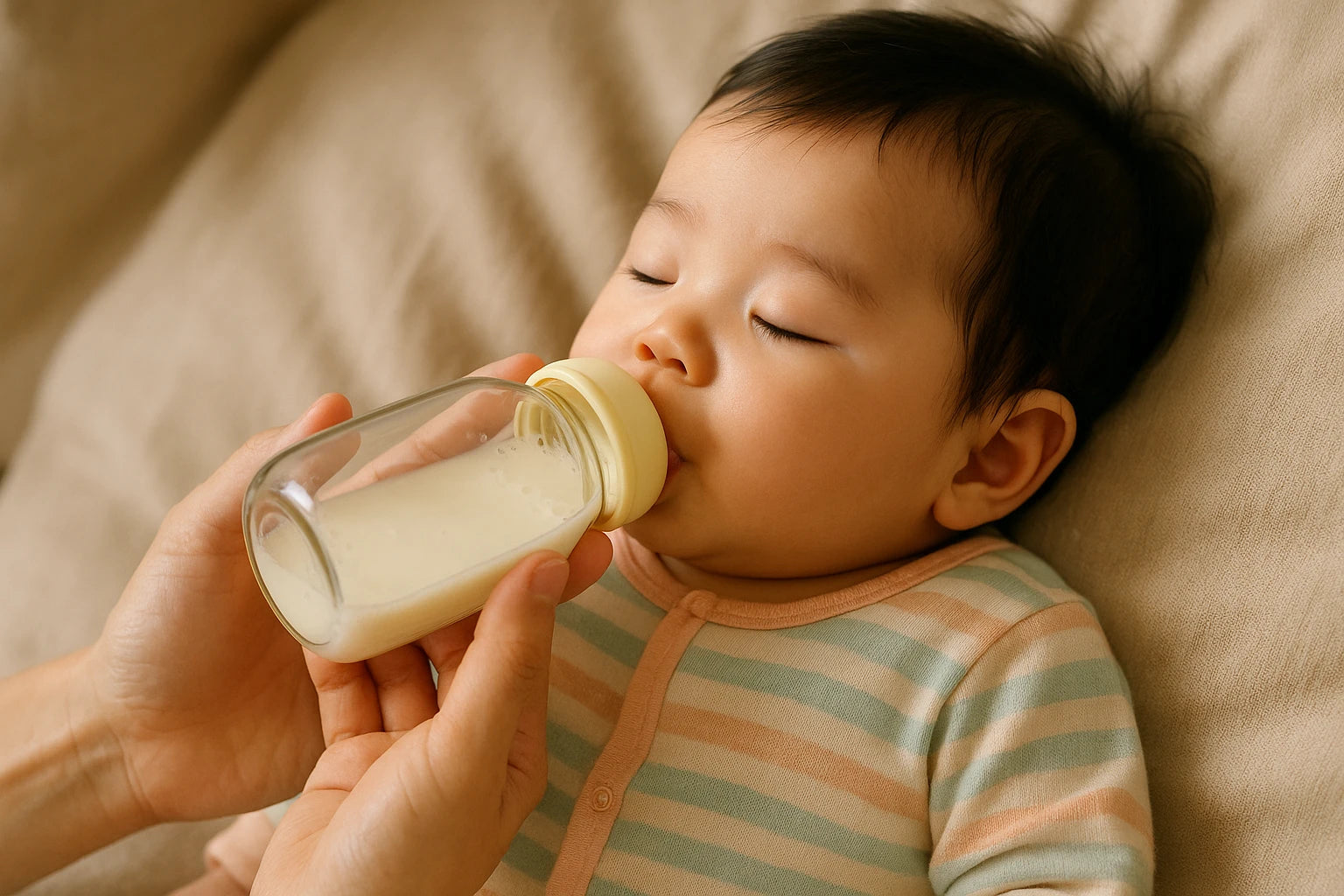 Parent feeding a baby with a yellow-tipped bottle while holding them in their arms.