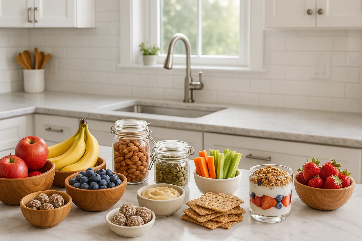 Organic food and beverage essentials including fresh fruit, nuts, grains, and glass jars on a clean kitchen counter.