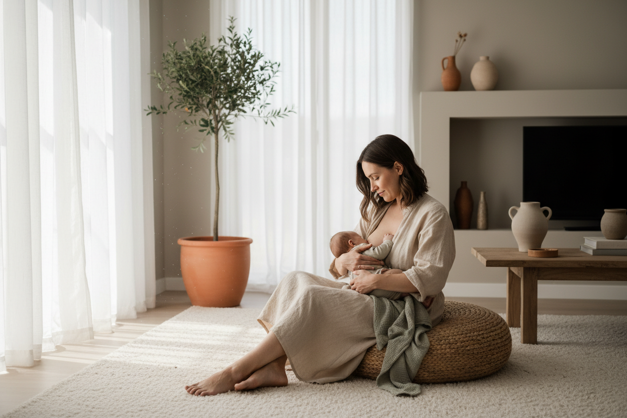Mother breastfeeding infant while sitting in a sunlit room, representing natural and nurturing baby feeding.