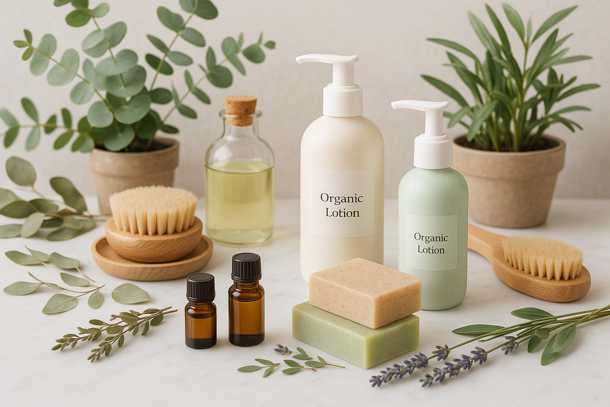 Non-toxic body care products including lotions, soap bars, and natural deodorant bottles on a table with plants.