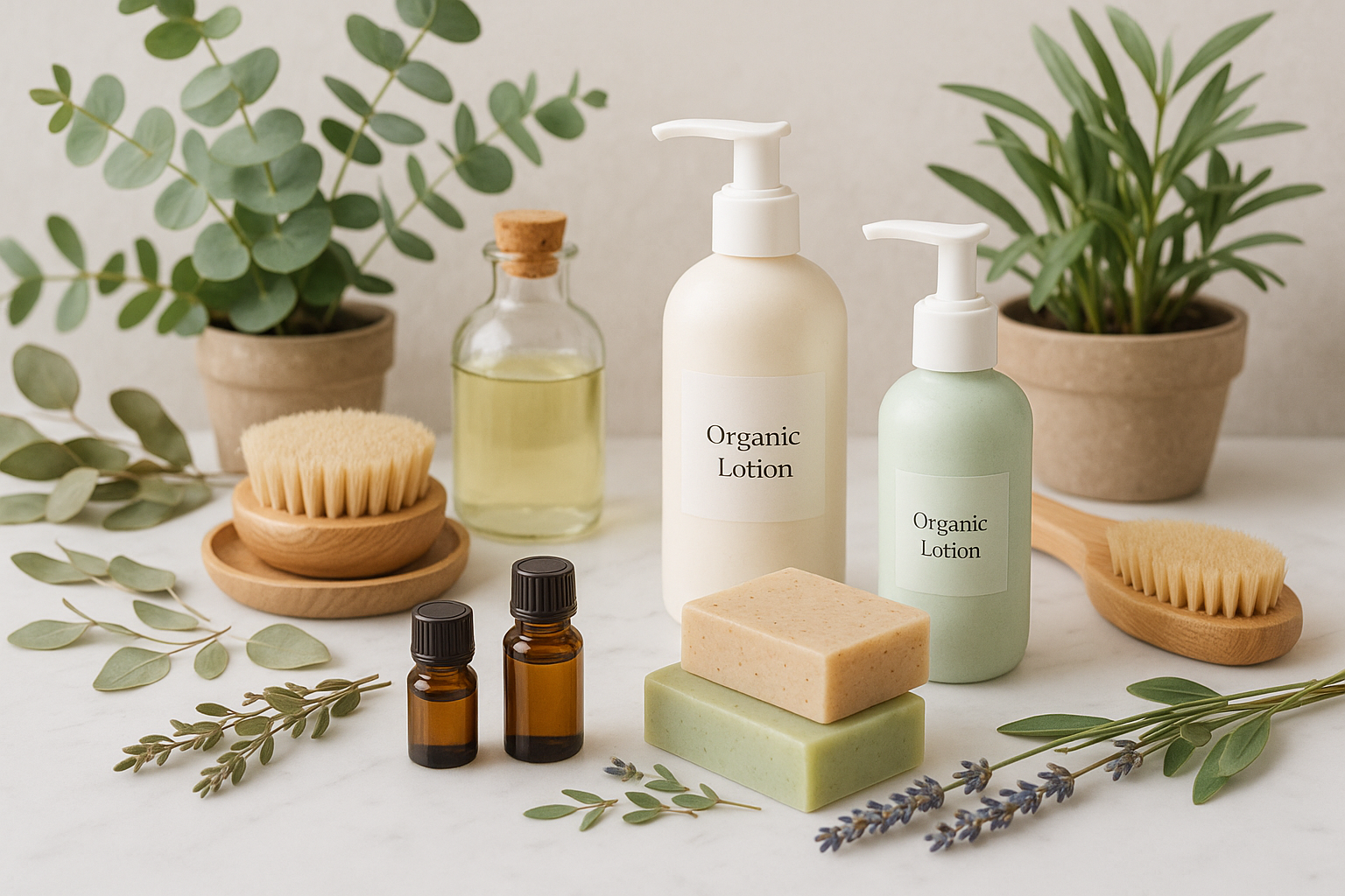 Non-toxic body care products including lotions, soap bars, and natural deodorant bottles on a table with plants.