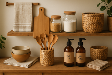 Non-toxic kitchen and home essentials including reusable jars, wooden utensils, glass containers, and eco-friendly cleaning products on open shelving.