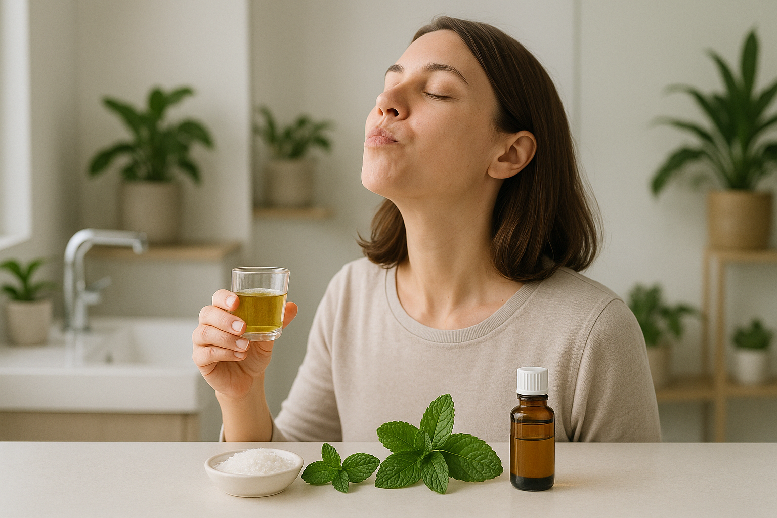 Woman swishing natural mouthwash with mint and eco-friendly ingredients on a counter.