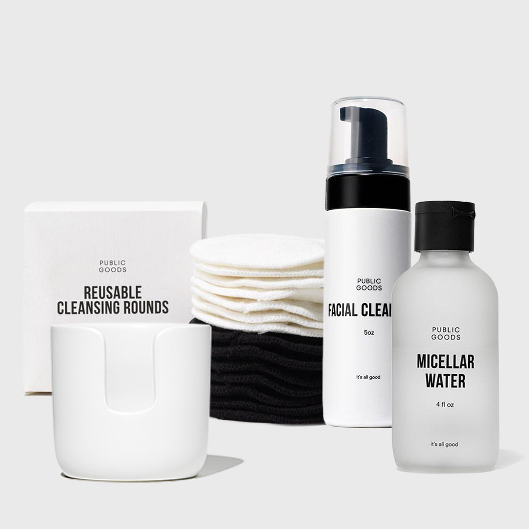 Set of skincare products including cleansing rounds, facial cleanser, and micellar water from Public Goods on a white background.