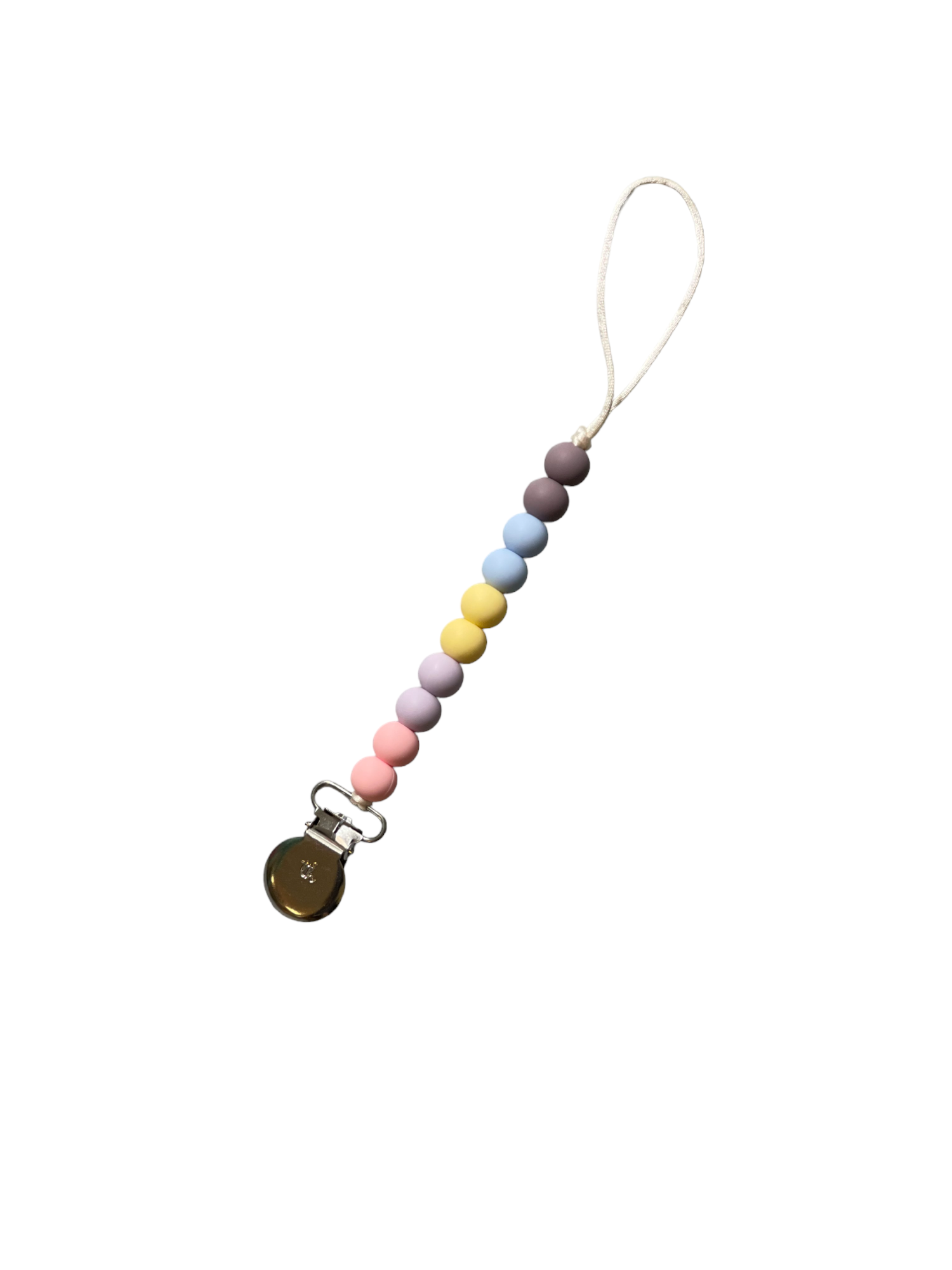 Colorful beaded pacifier clip on a white background