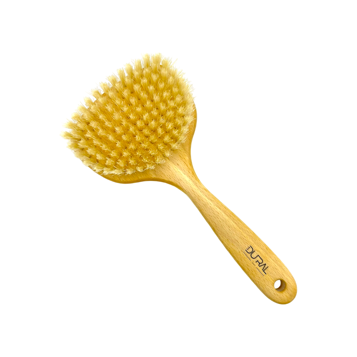 Yellow hairbrush with wooden handle on a white background