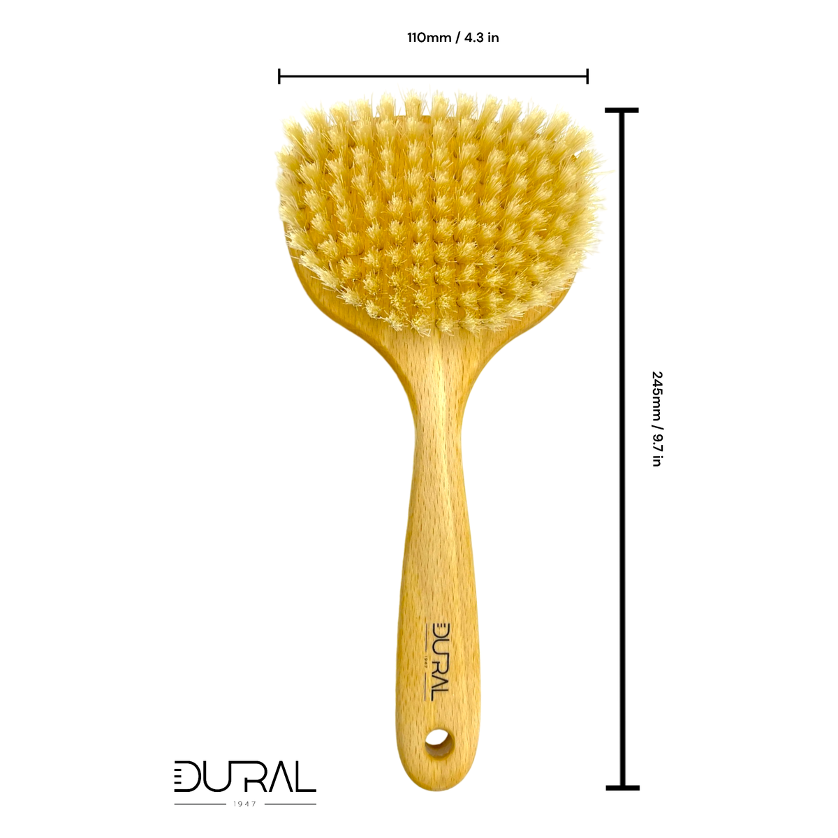 Wooden hairbrush with bristle head and measurements on a white background, featuring the DURAL brand.