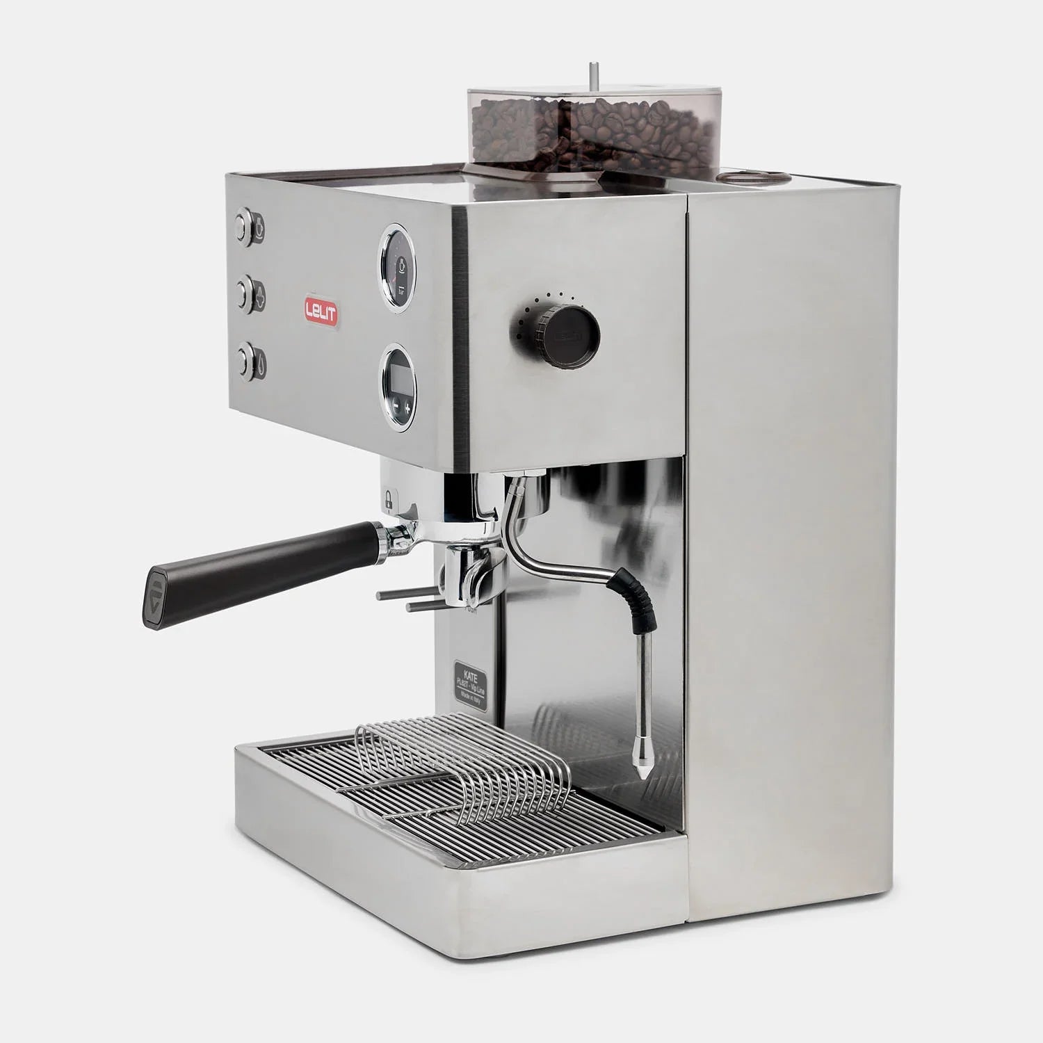 Stainless steel espresso machine on a white background