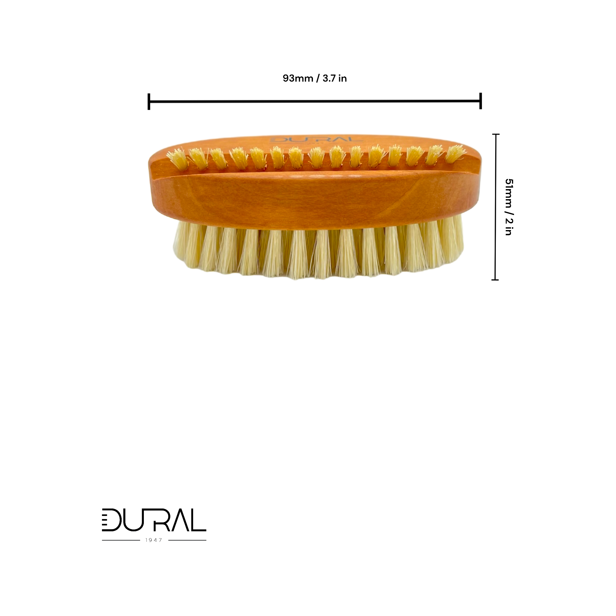 Dermatological brush with dimensions on a white background, featuring the Dural brand.
