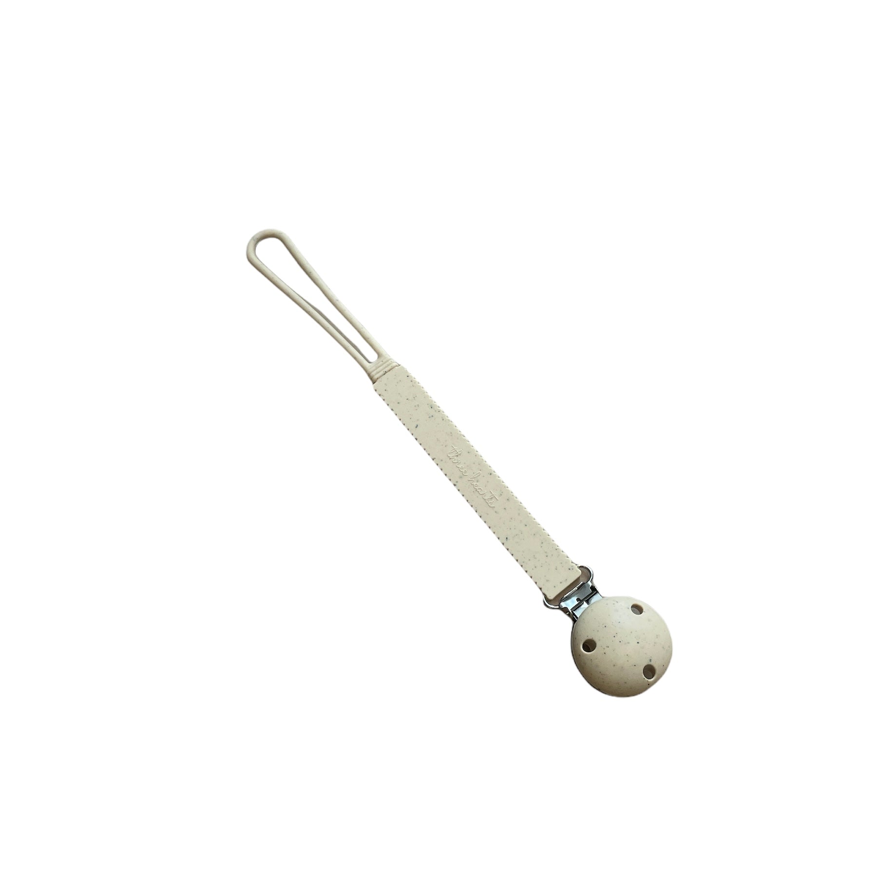 Beige baby rattle with a handle on a white background