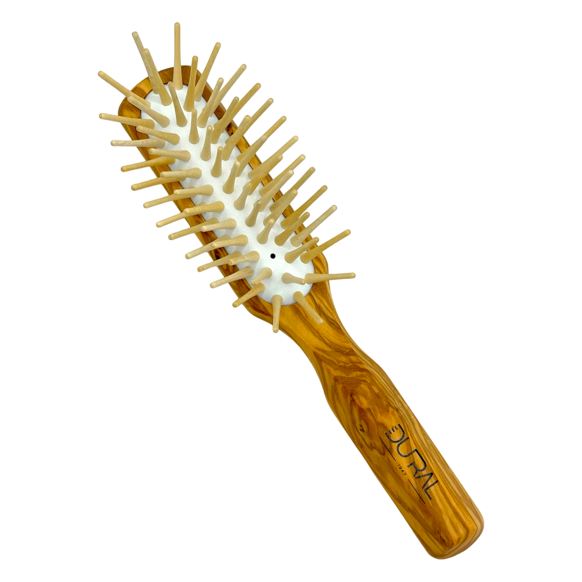 Wooden hairbrush with bristle head on a white background
