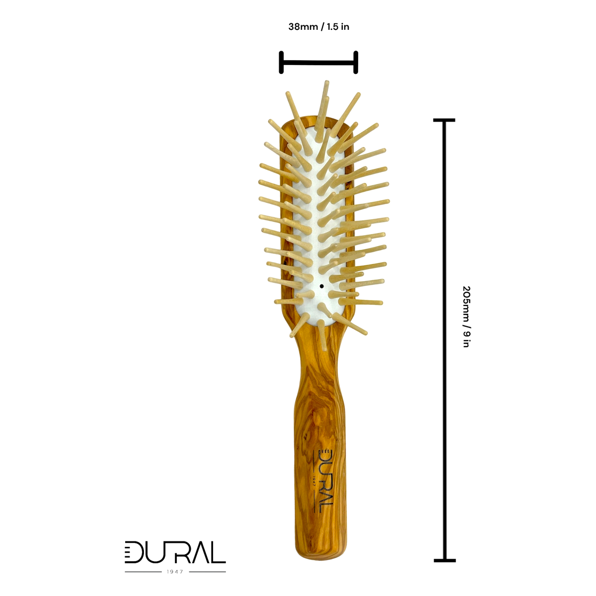 Hairbrush with measurements and DURAL branding on a white background