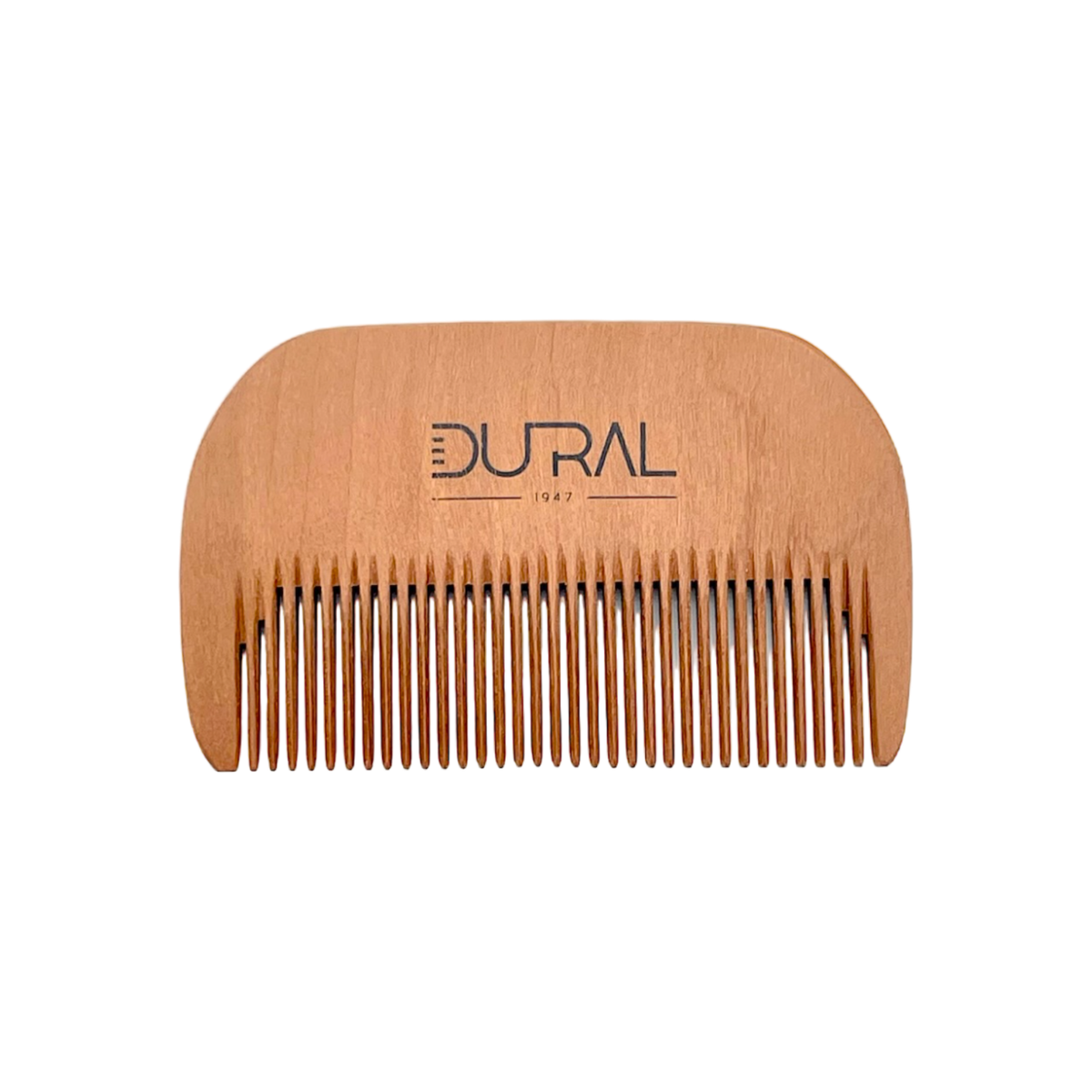 Wooden comb with 'DURAL' branding on a white background