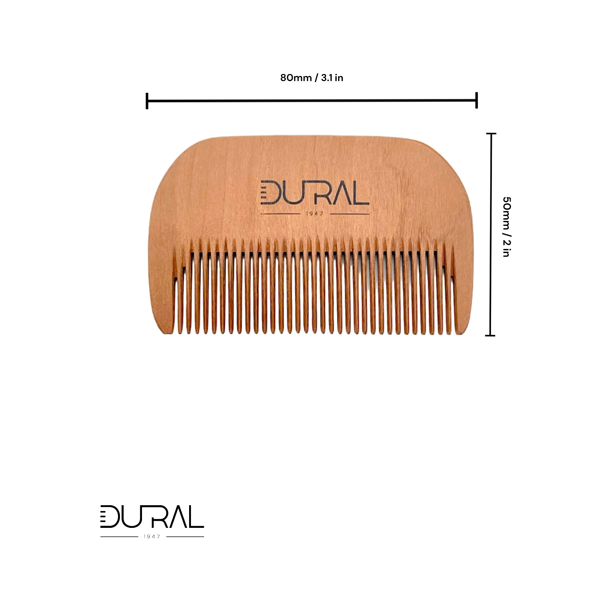 Wooden comb with DURAL branding and measurements on a white background