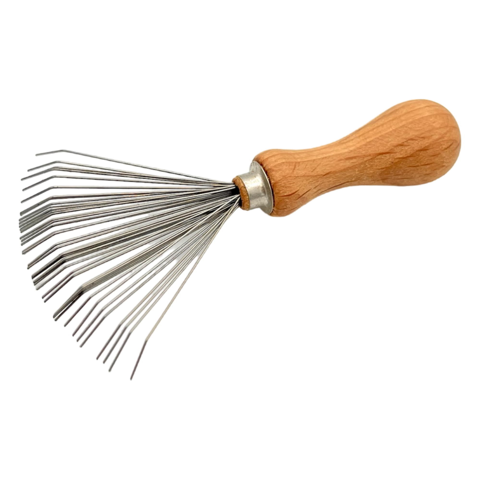 Metallic whisk with wooden handle on a white background