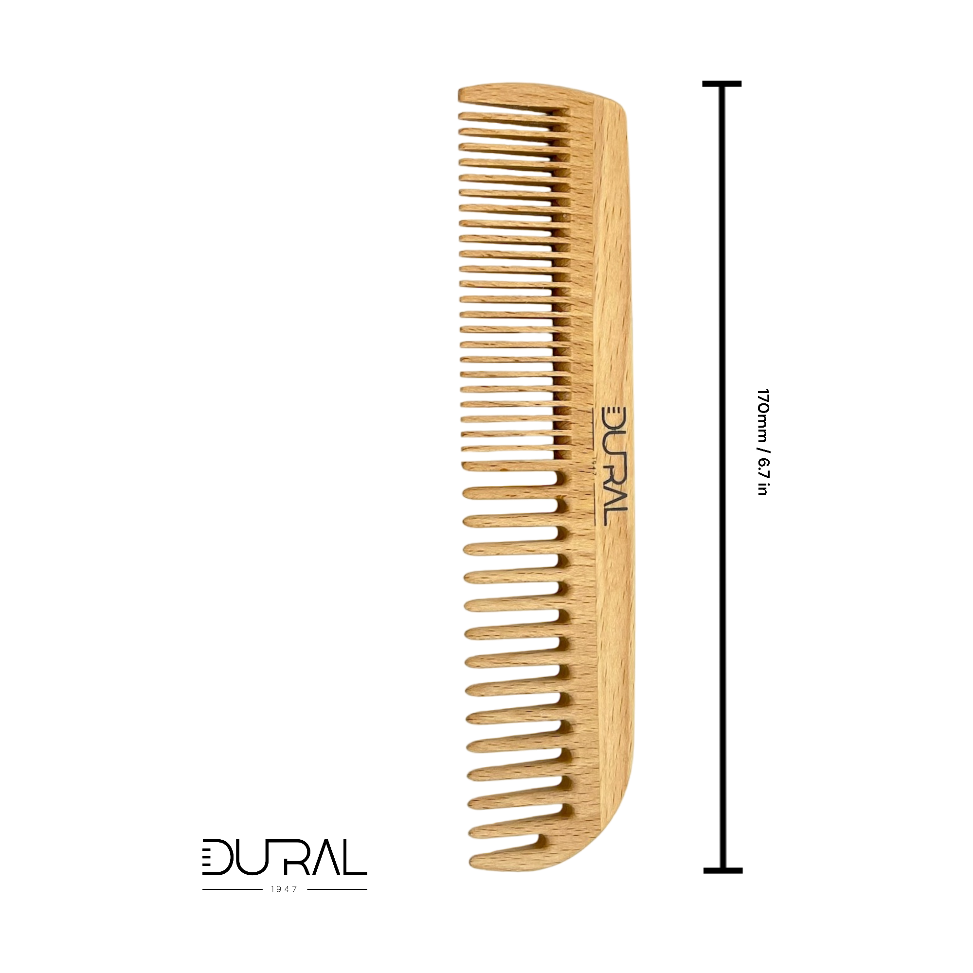 Wooden comb with 'DURAL' branding and measurements on a white background