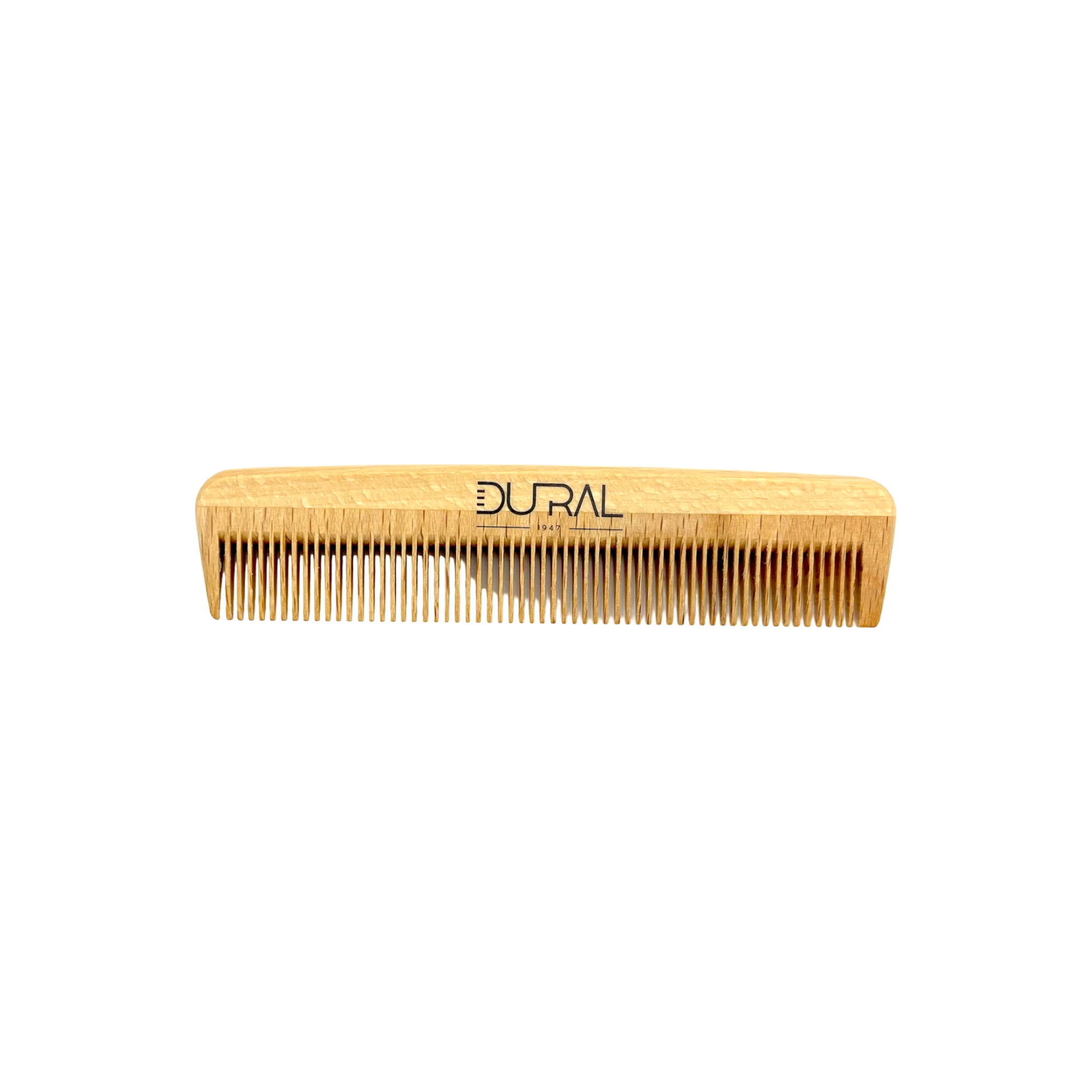 Wooden comb with 'DURAL' branding on a white background