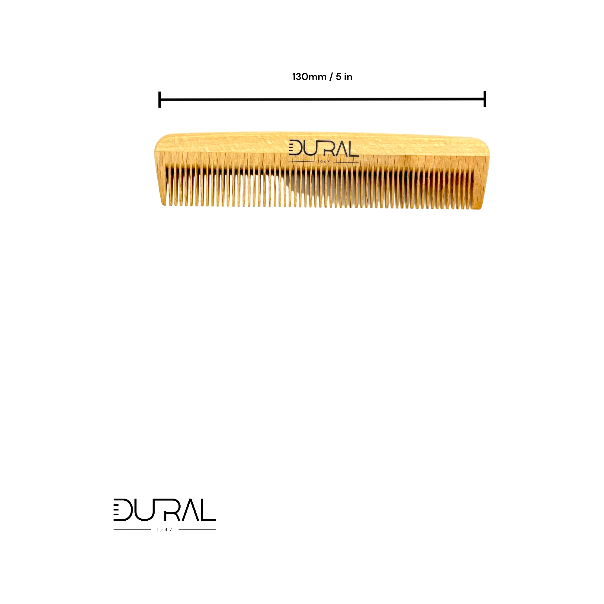 Wooden comb with 'DURAL' branding and measurement label on a white background