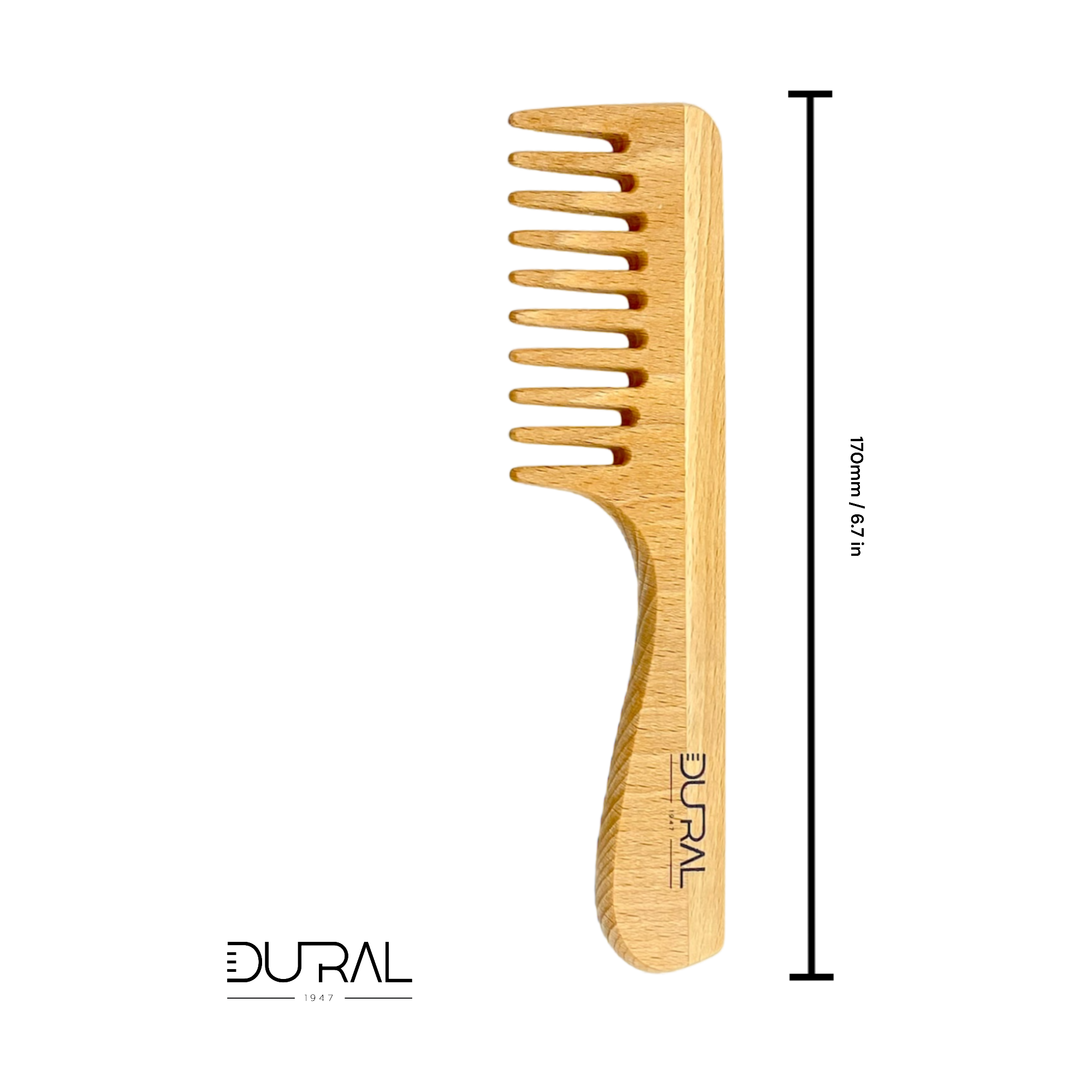 Wooden comb with measurement scale on a white background, featuring the DURAL brand.