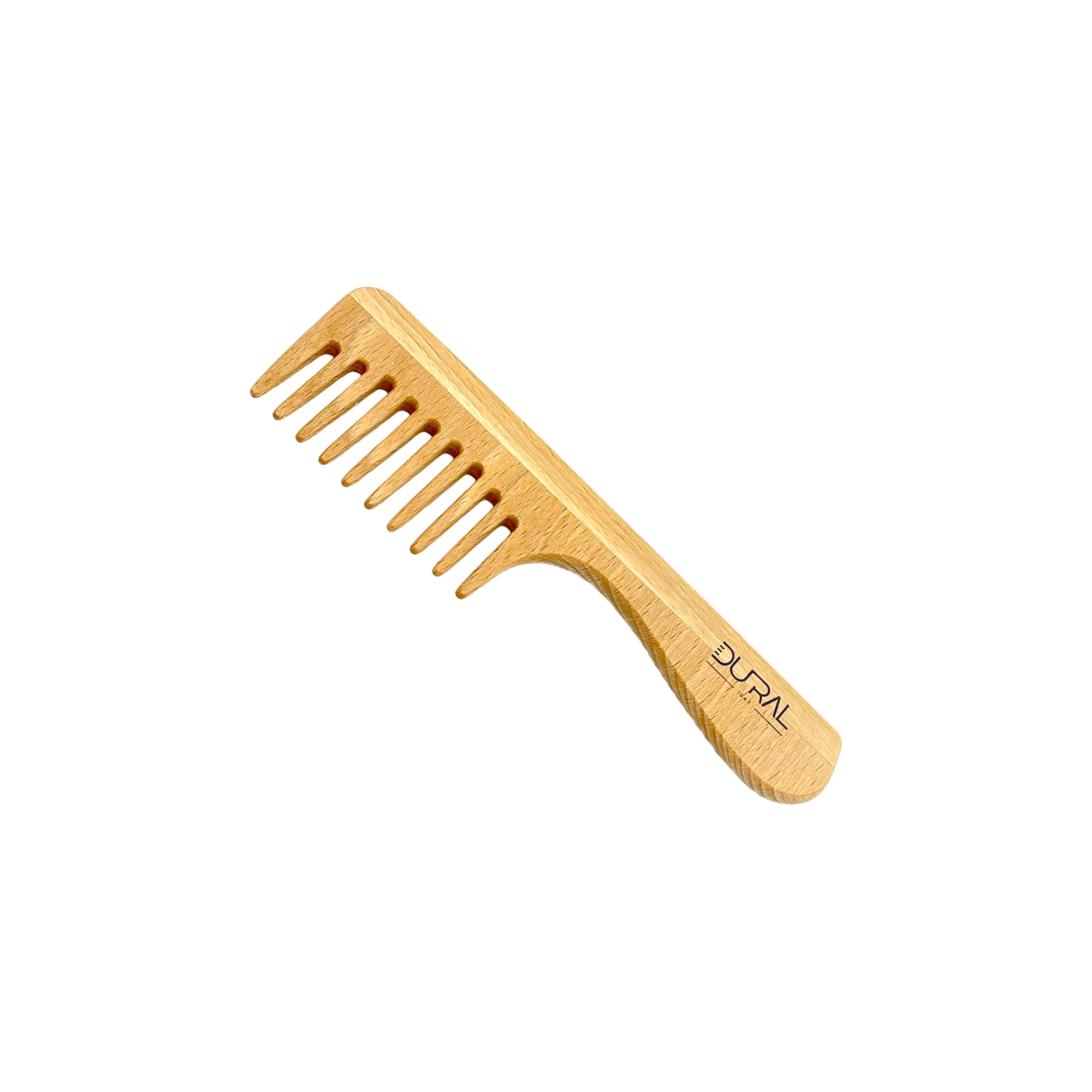 Wooden comb with 'DULUX' branding on a white background