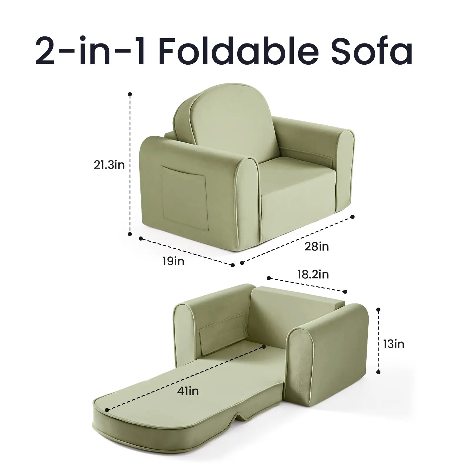 2-in-1 foldable sofa with dimensions on a white background