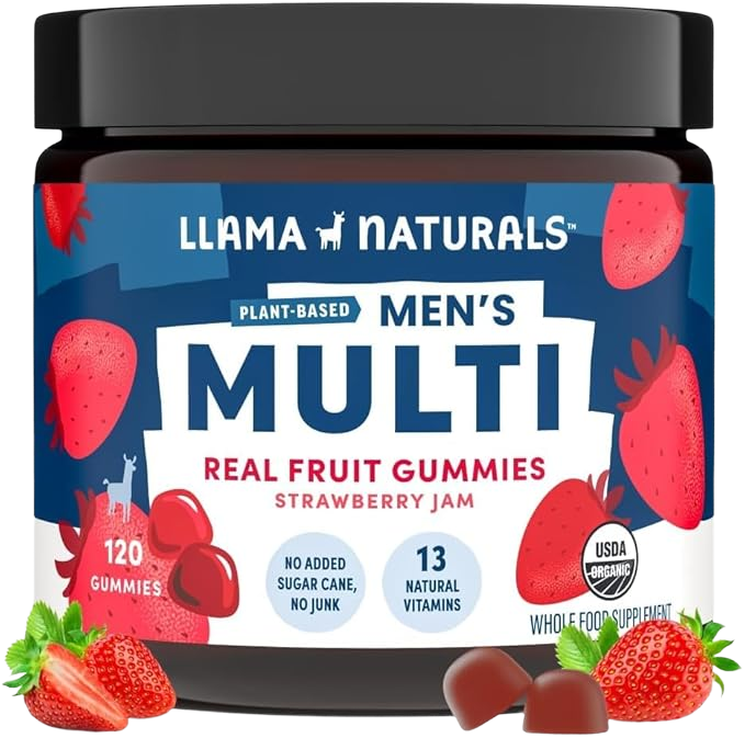 Jar of Llama Naturals Men's Multi Real Fruit Gummies with strawberry flavor on a white background
