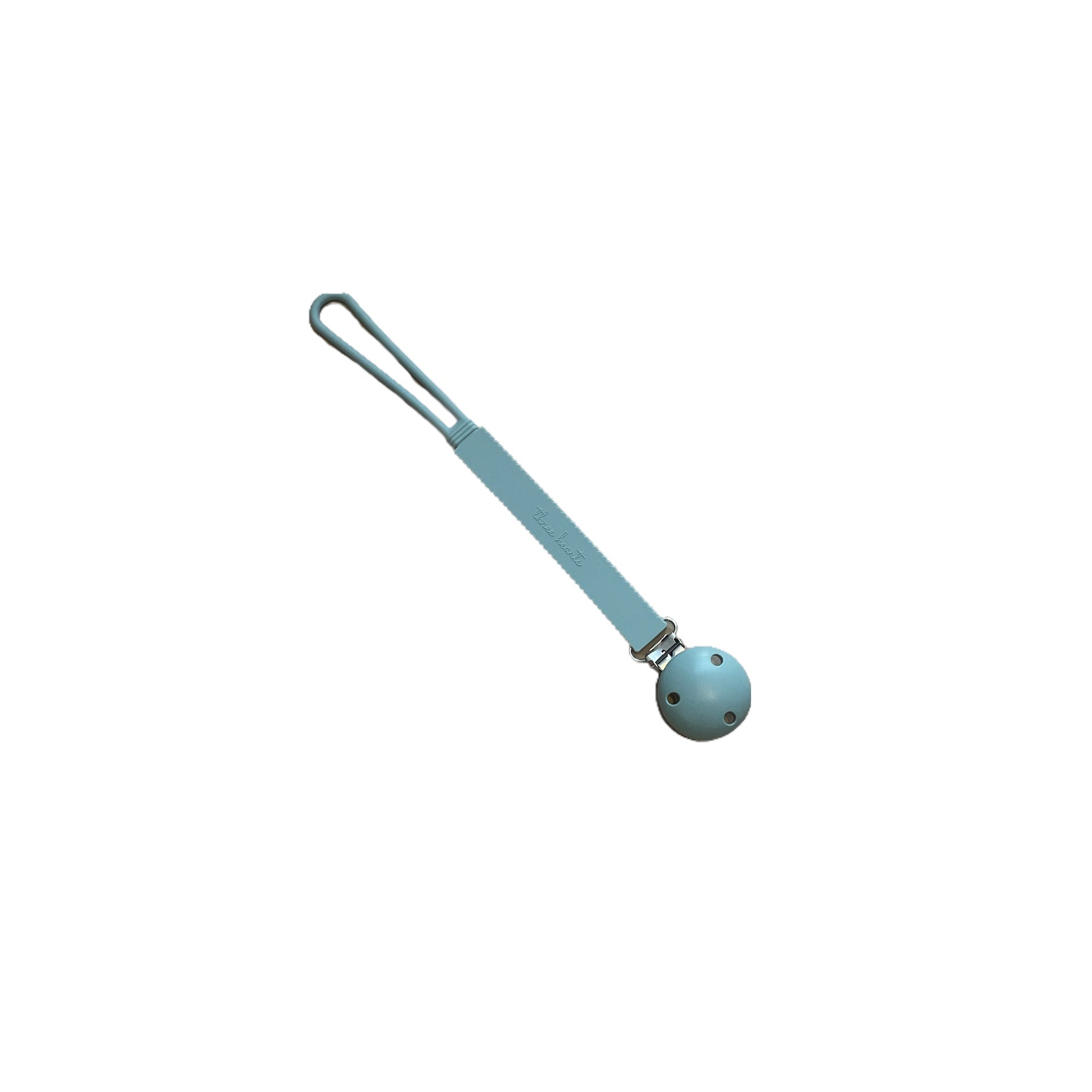 Blue pacifier clip on a white background