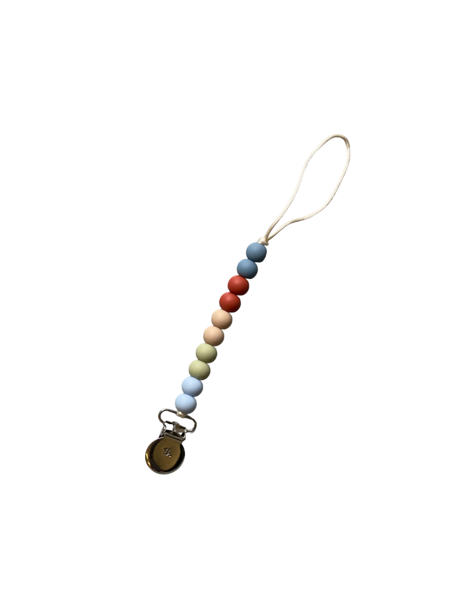 Colorful pacifier clip with gradient beads on a white background