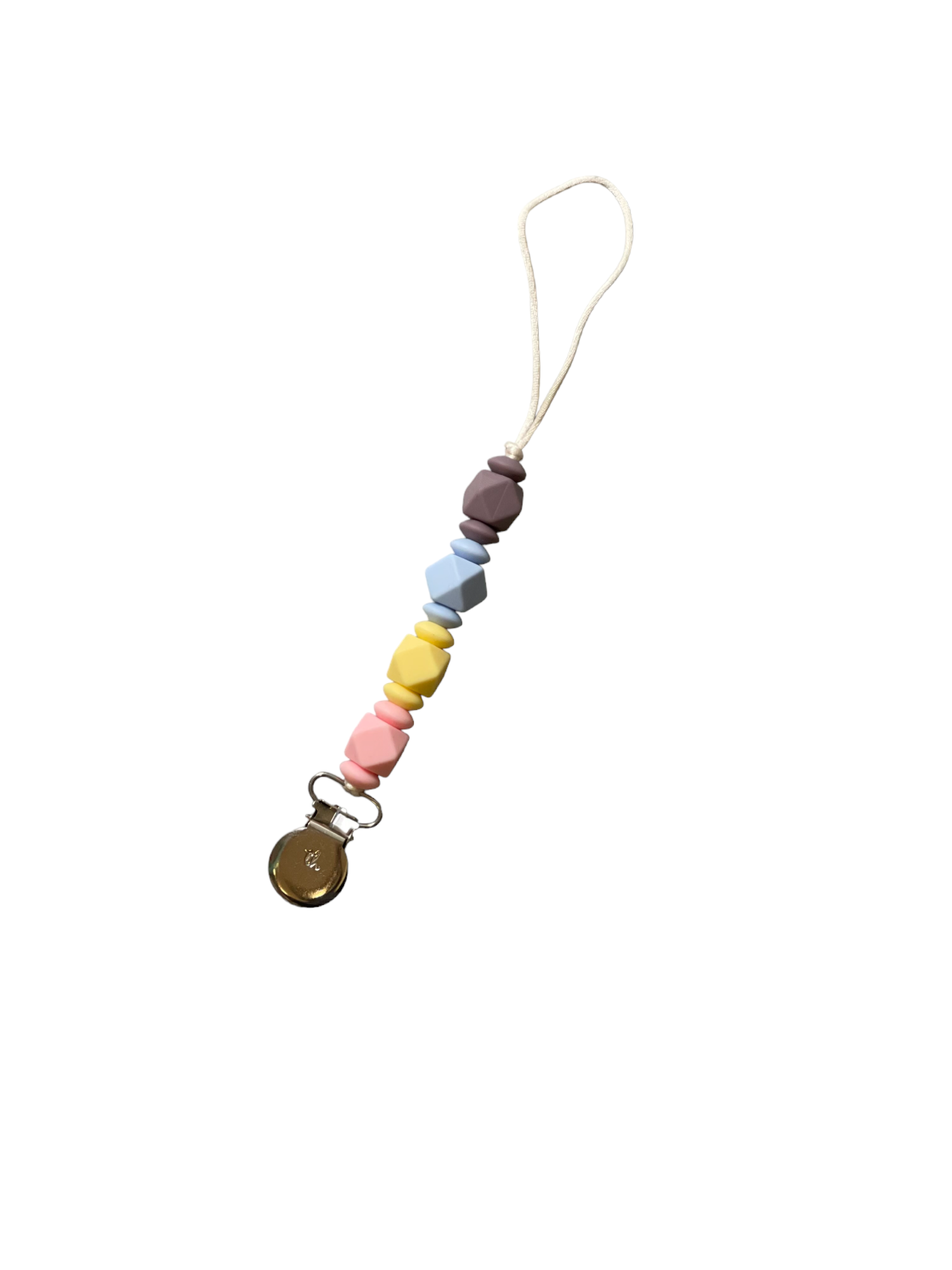 Colorful baby teething charm with beads on a white background