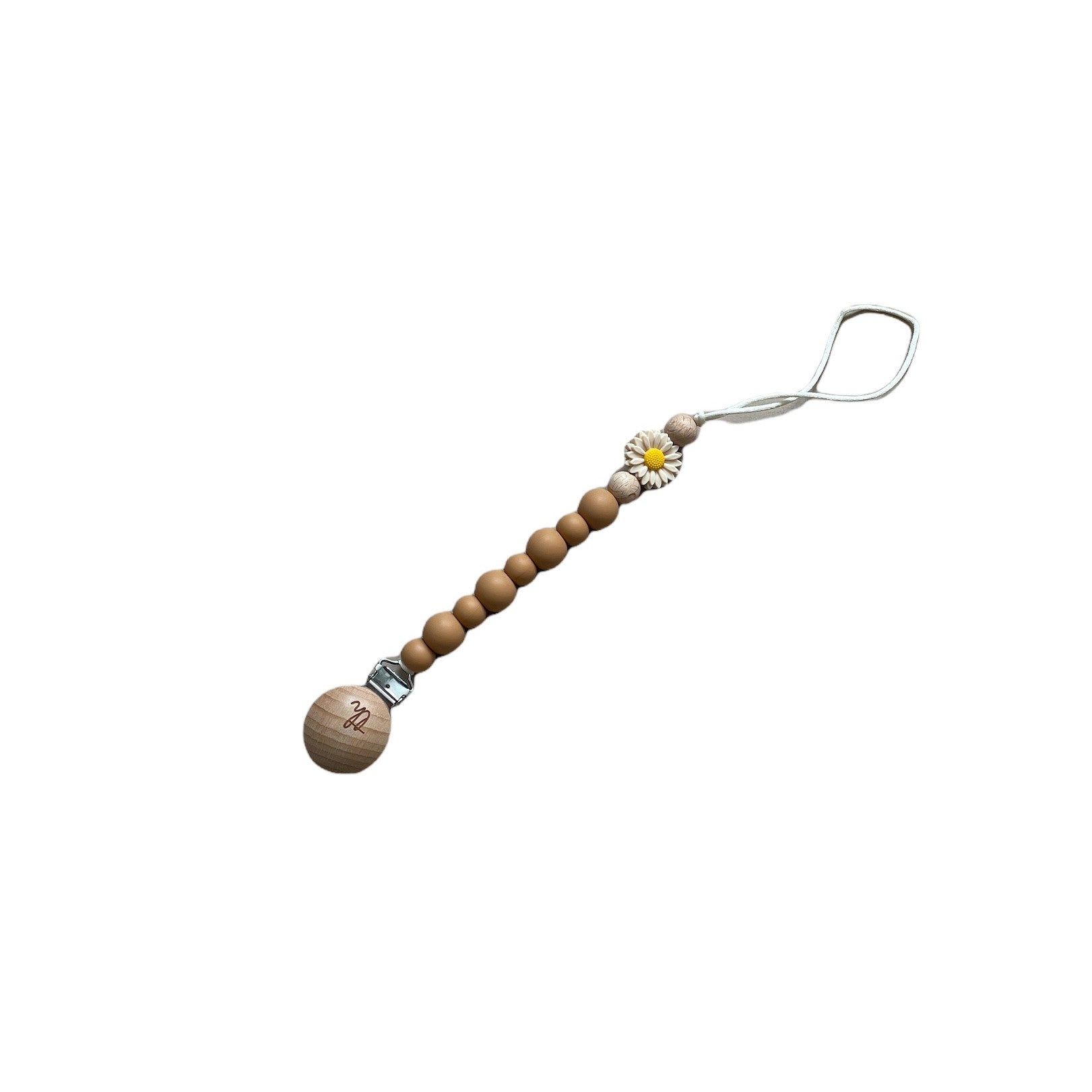 Wooden pacifier clip with a daisy charm on a white background